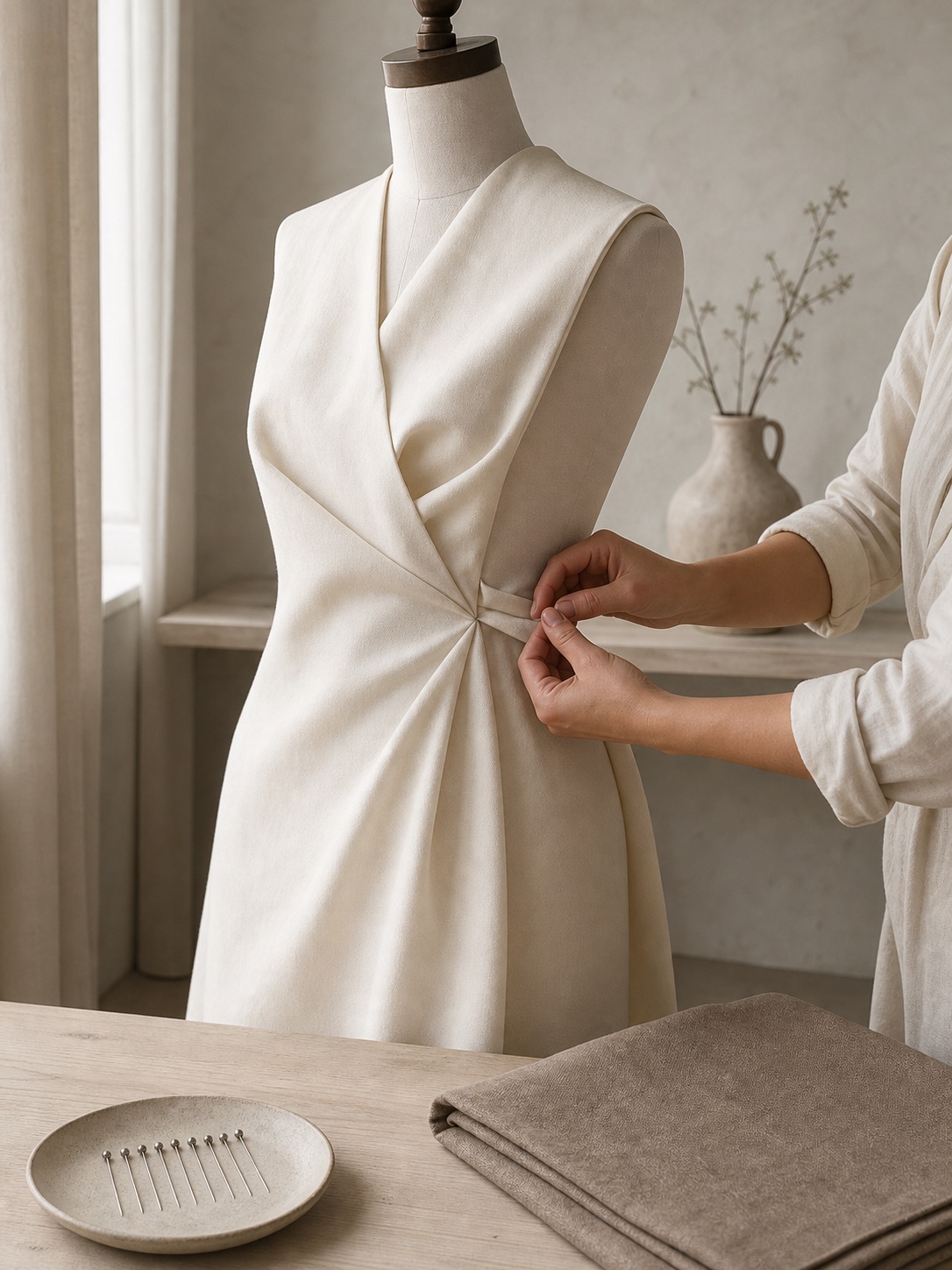 Hands carefully pinning an ivory dress on a mannequin, showing the garment’s construction and fabric detail