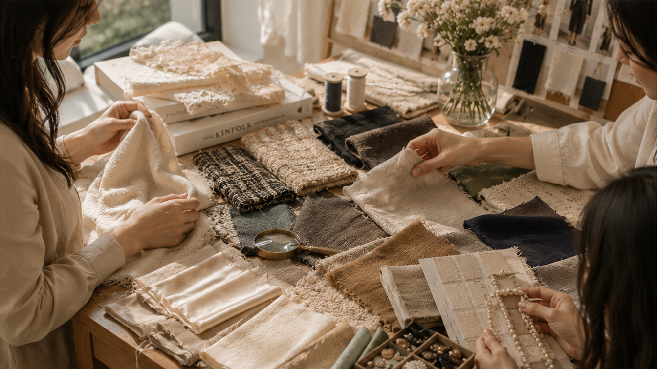 Women examining natural textiles, lace, and handcrafted details around an atelier table.