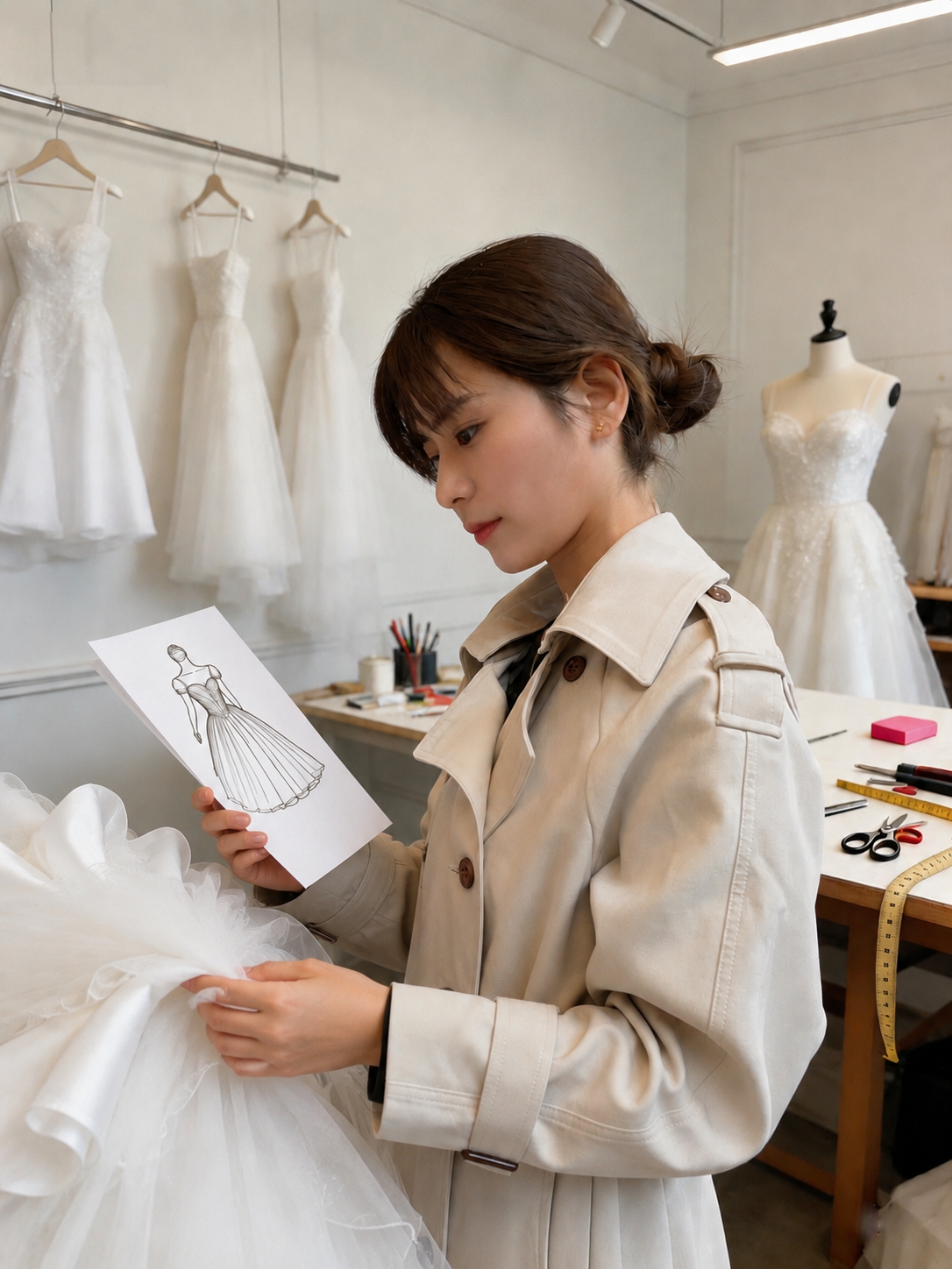 Evianna reviewing a fashion sketch beside a bridal gown in her atelier.